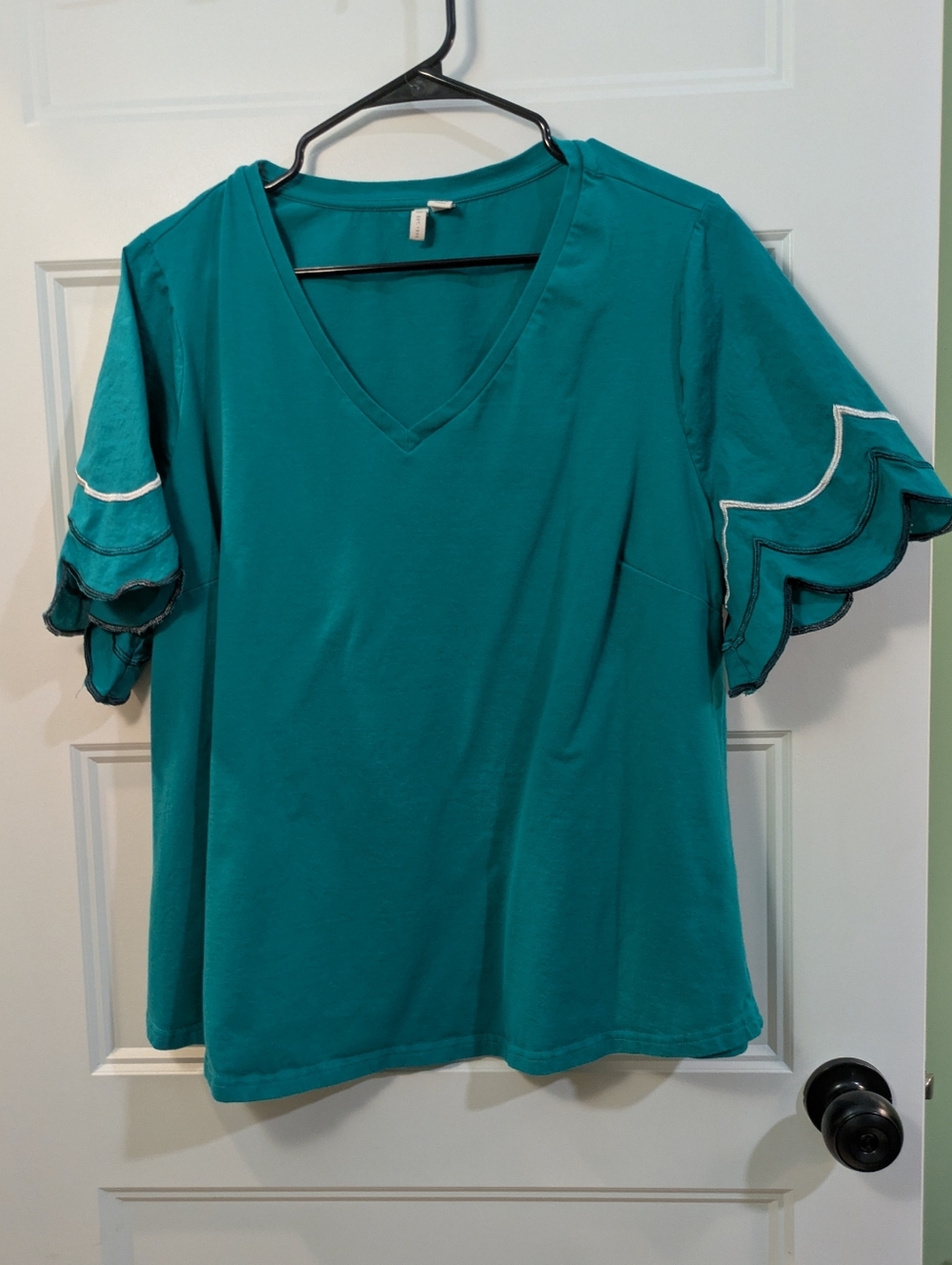 Cato Teal V-Neck Top with Scalloped Layered Sleeves